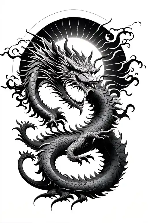 Asian Dragon With Sun In Background