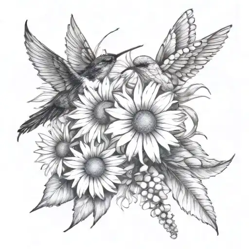 Daisy With Larkspur And Hummingbird