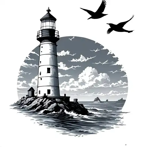Lighthouse And Birds Flying