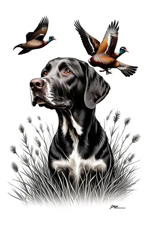 German Shorthair Pointer With Head Protruding Out Of Sagebrush With Pheasants Flying Out