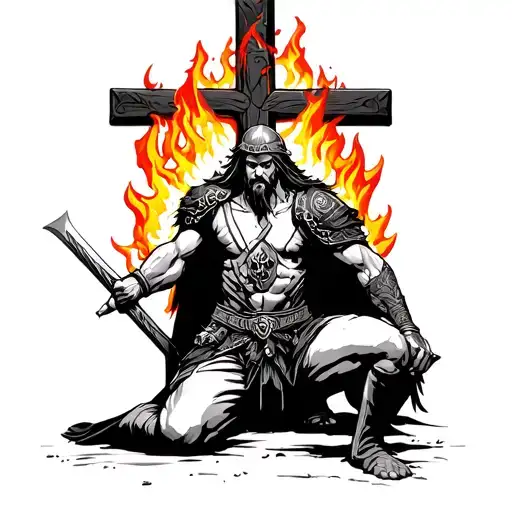 Warrior Kneeling With Sword At Cross With Fire Above