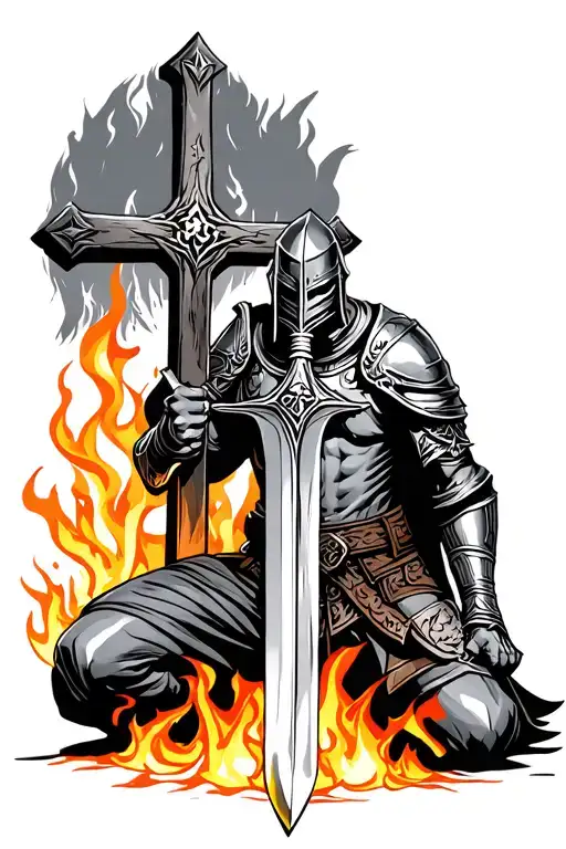 Warrior Knight Kneeling With Sword At Cross With Flames Below