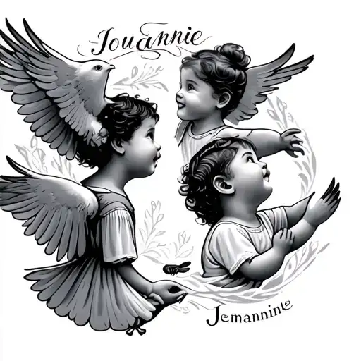 Lou And Jeannie Names With Doves Around Them And A Little Kid Looking Up