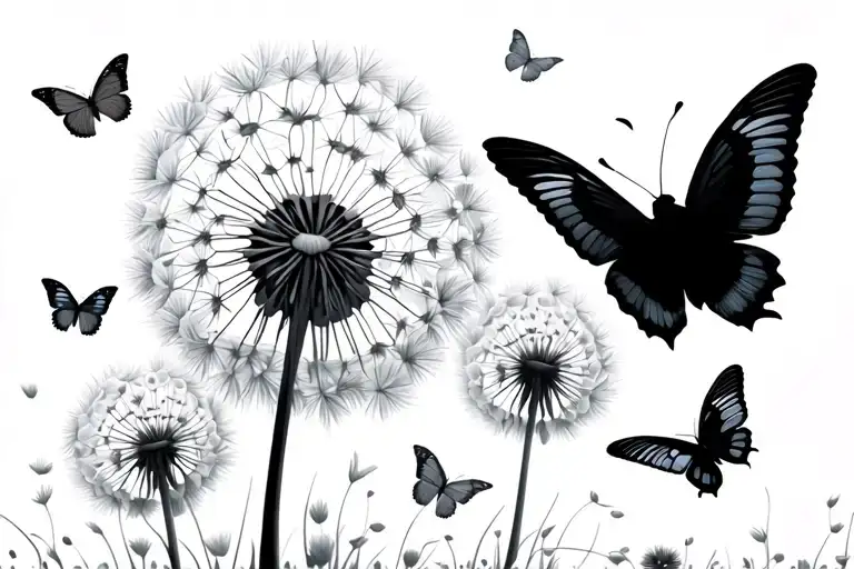 Dandelion And Butterflies Flying With Birds Flying Away
