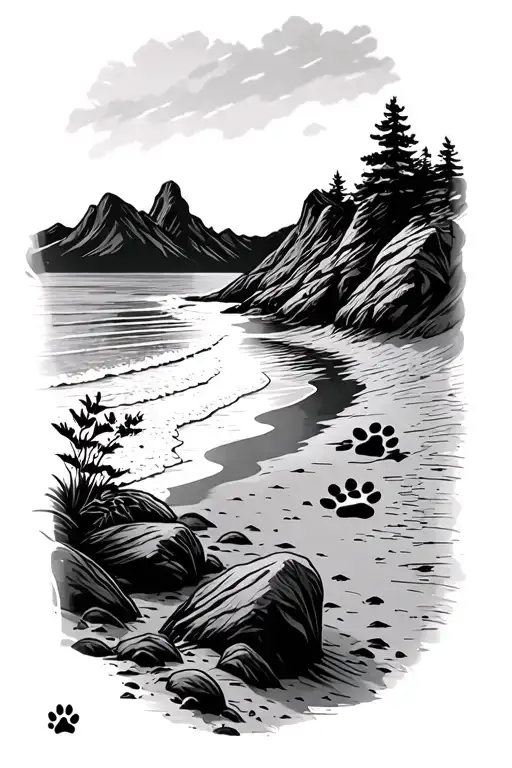 Paw Prints On Mountainous Beach