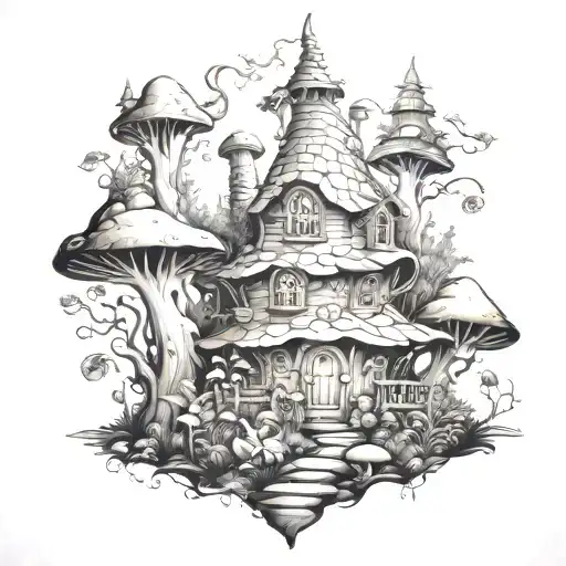 A Whimsical Elf Forest Scene With A Hidden Mushroom House