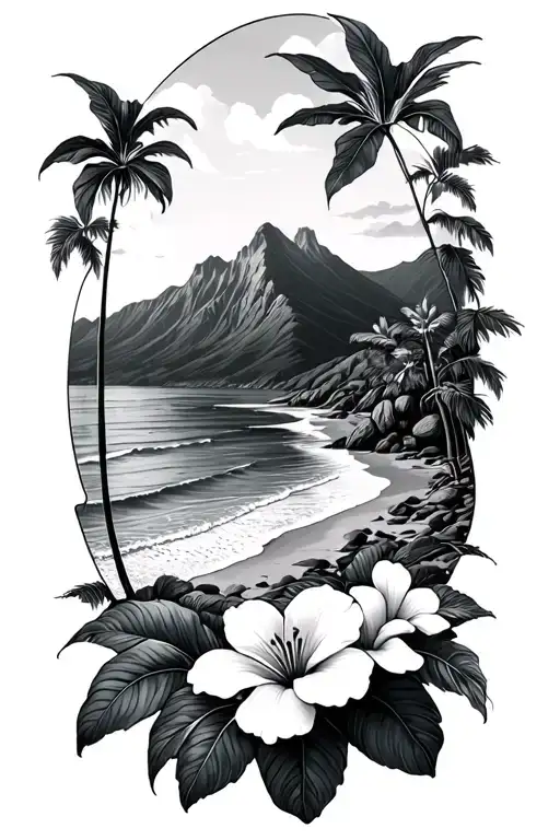 Mountainous Beach Surrounded By Tropical Flowers