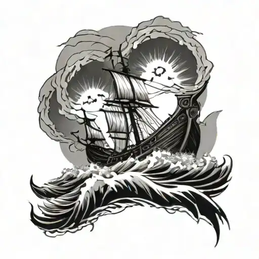 A Black-grey Tattoo Of A Viking Longship Navigating Through Rough Ocean Waves