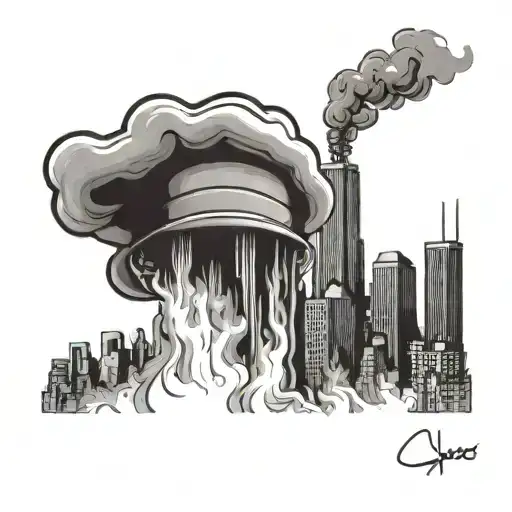 A Chicago Skyline With A Chef's Hat On Top And Smoke Coming Out Of The Buildings Like A Hot Stove