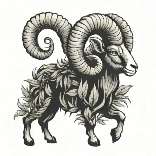 Illustration Of An Aries Ram Made Out Of Marijuana Leaves In A Black-grey Style