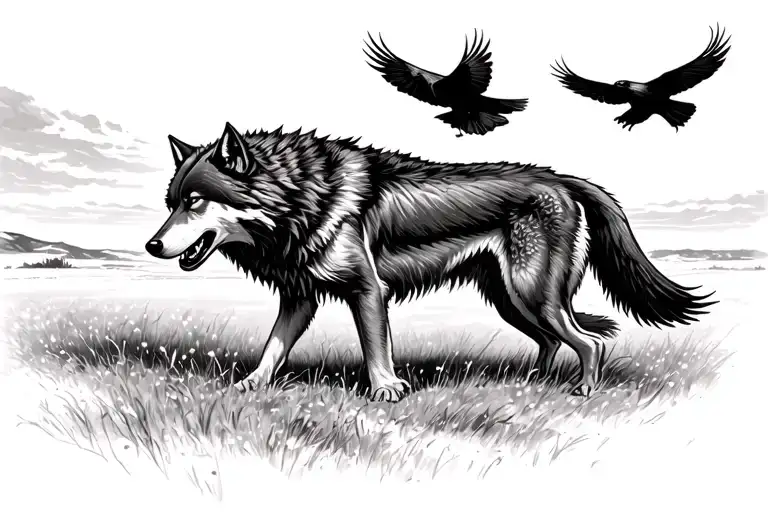 Wolf Following A Crow Flying In The Sky Across The Open Plain