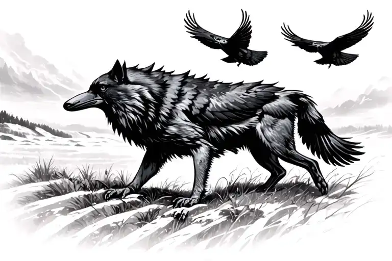 A Crow Flying Leading A Wolf Back Home