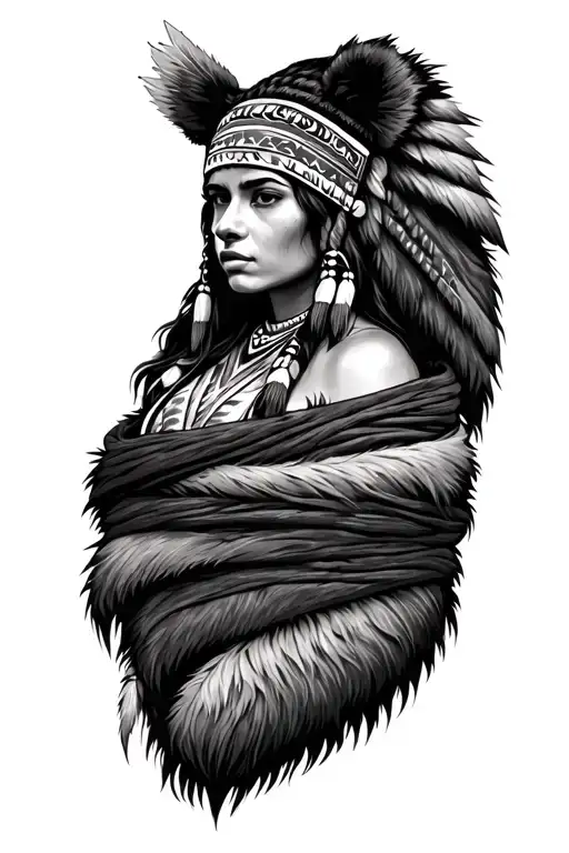 Native American Woman Wrapped In Bear Skin