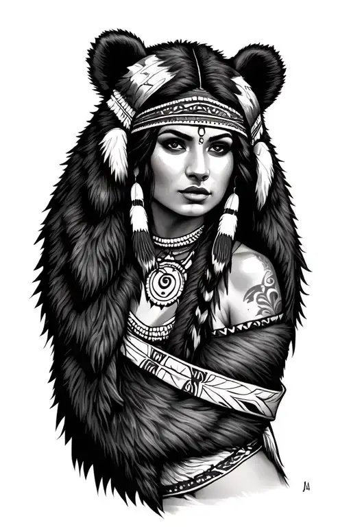 Pin Up Native American Woman Wrapped In Bear Skin