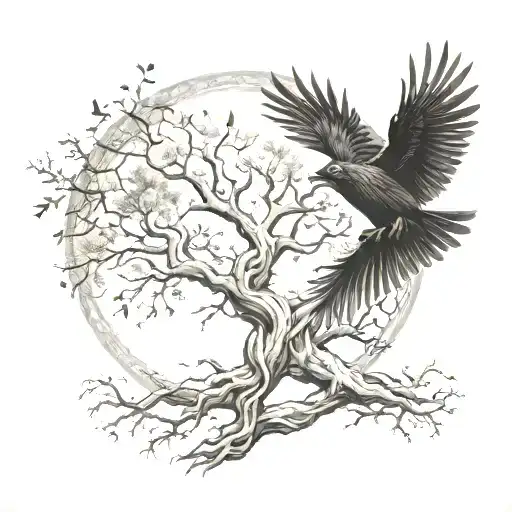 Tree Of Life With Raven Flying