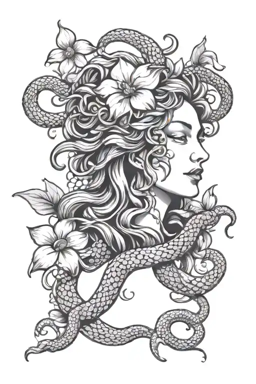 Medusa With Snakes And Orchids Around It