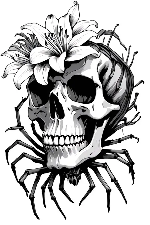 Overgrown Skull With Spider Lily Flower Growing Out Of It