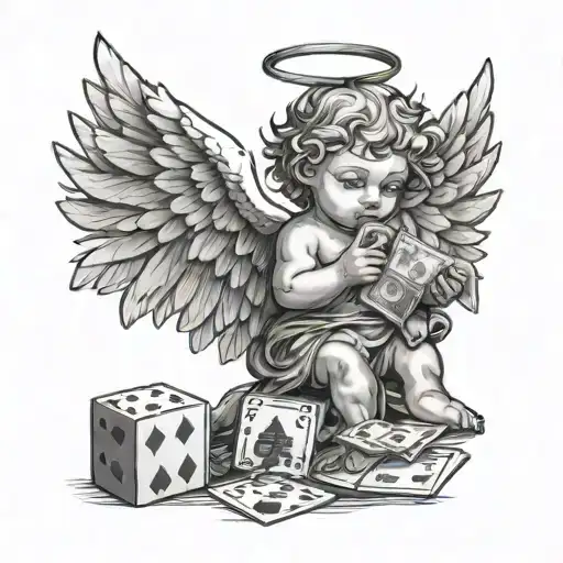 Baby Angel With Wings Holding A Bag Of Money With Deck Of Cards And Dice