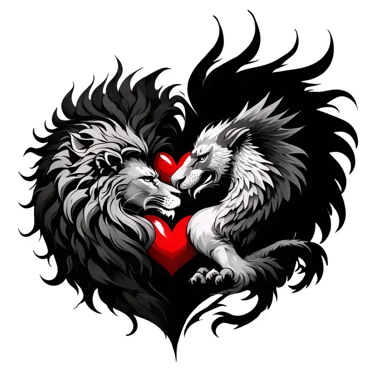 Lion And Phoenix Fighting Over A Heart