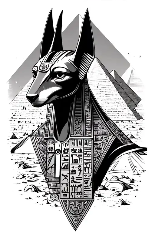 Anubis Over The Pyramids With Hieroglyphs In The Background