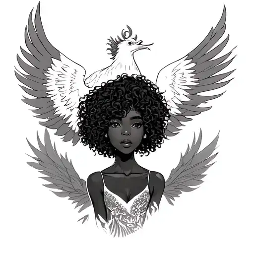Black Girl With Curly Hair Phoenix Rising Behind Her