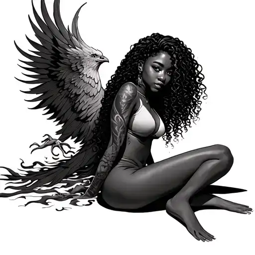 Black Girl With Long Curly Hair Sitting Downn Fiery Phoenix Rising Behind Her