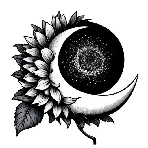 Moon And Sunflower Blooming