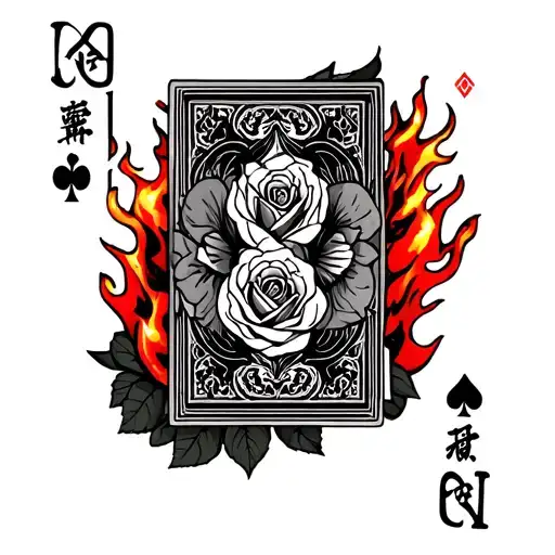Sleeve To Go On Forearm With Chinese Lettering With Rose And Fire Filler With A Deck Of Cards