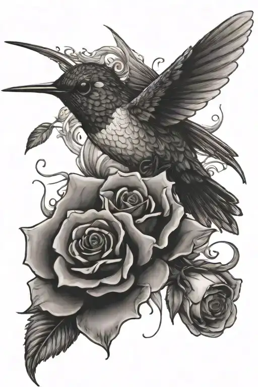 A Humming Bird With Roses And Lavender Flower