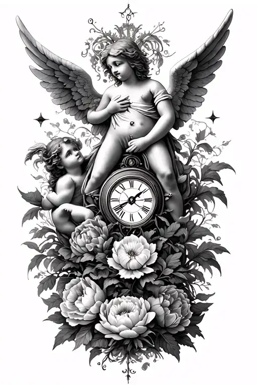 Angel And Cherub And Trees And Clock And Compass And Peony