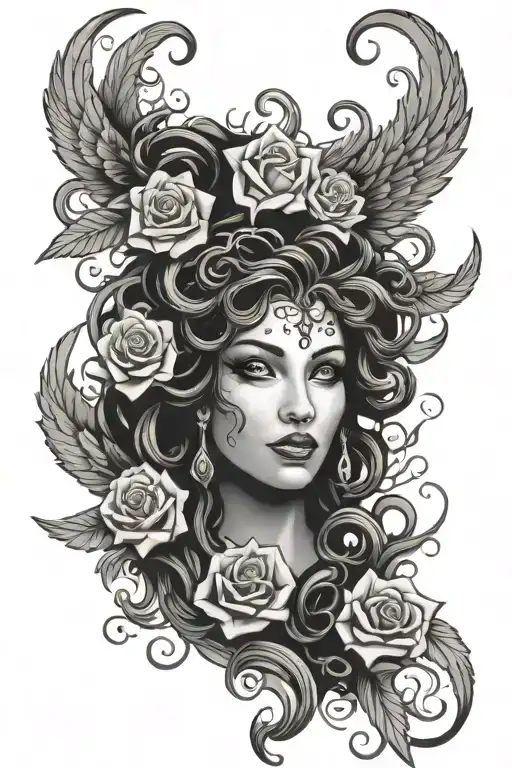 Medusa Myth Face With Rose Surrounded By Flame Like Wings