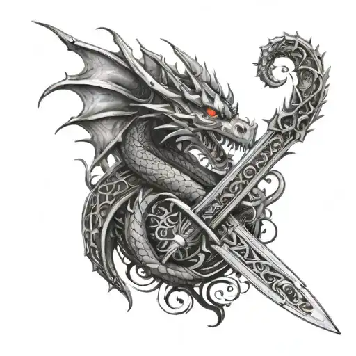 A Dragon Wrapped Around A Sword With Intricate Details And Patterns