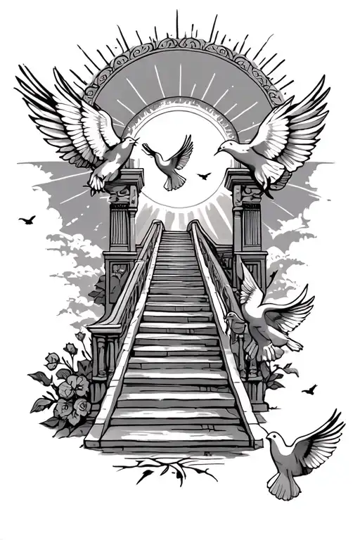 Stairway Leading To Heaven Gates Doves Flying Towards The Sun