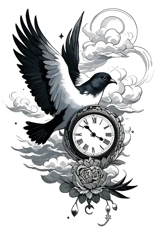 Dove And Clouds And Clock