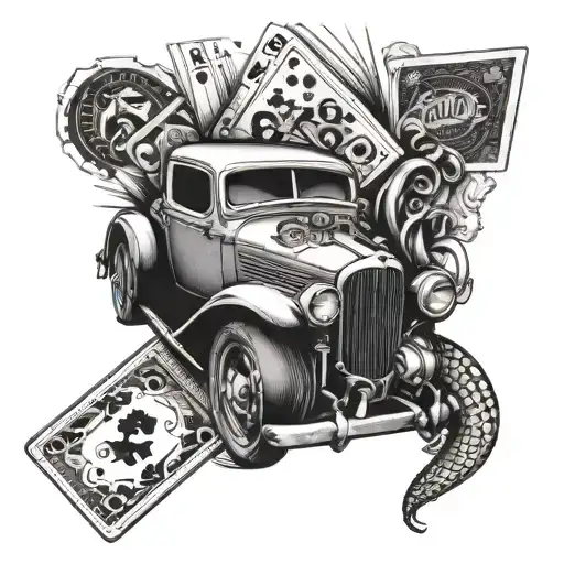 A Vintage Car With A Deck Of Playing Cards Flying Out Of The Exhaust Pipe