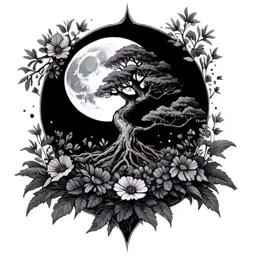 Wildflower Neck Tattoo Big Tree Moon Surrounded
