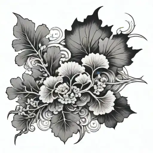 Black And Grey Tattoo Slevees Of Japanese Cloud And Ginkgo Leaves
