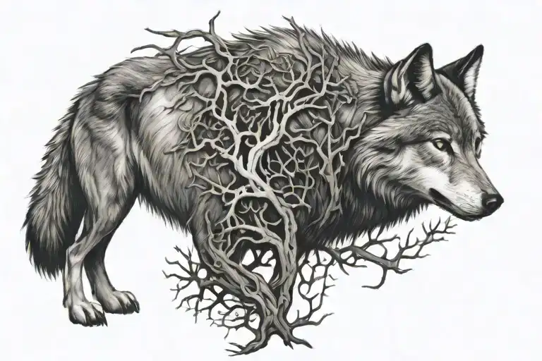 Wolf Intertwined With Oak Tree