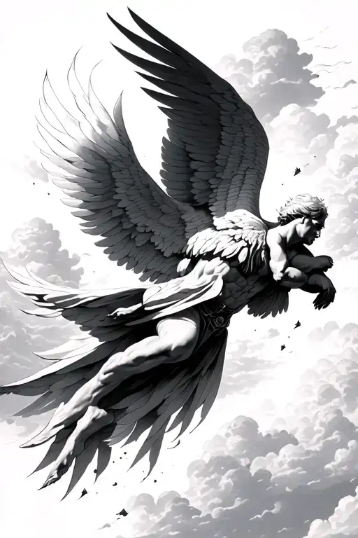 Icarus Falling From The Sky Filled With Clouds Floating