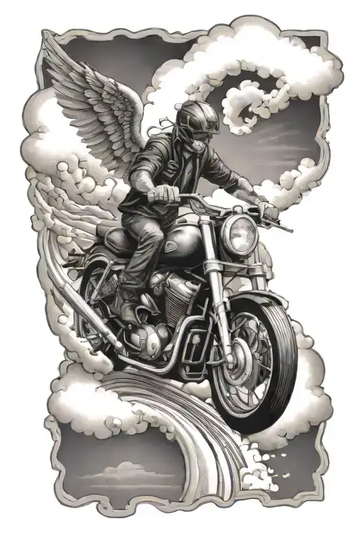 A Motorcycle Riding Into Heaven Staircase With Clouds