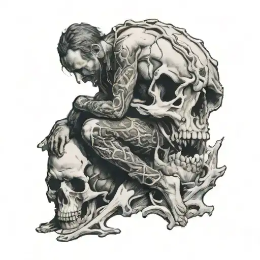 A Man On His Knees Praying On Top Of A Giant Skull