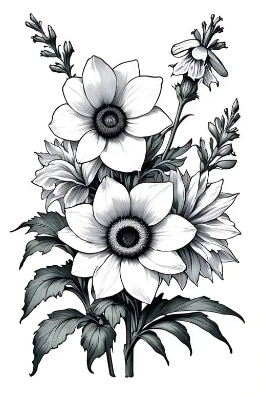 Narcissus Flower And Larkspur Flower With Sunflower In Between