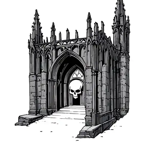Gothic Cathedral Tower With Skull Within The Doorway