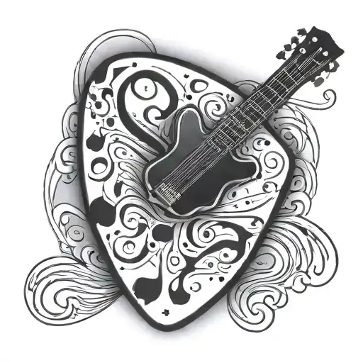 Create A Minimalist Tattoo Of A Guitar Pick With Subtle Musical Notes Around It