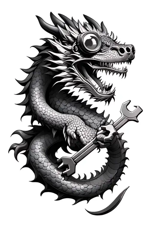 Realistic Chinese Dragon Wearing Steampunk Goggles And Holding A Wrench