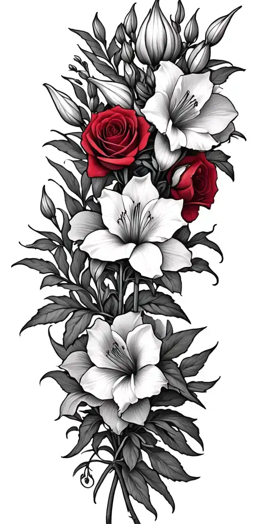 Gladiolous Flowers Grouped With Red Roses Growing Together