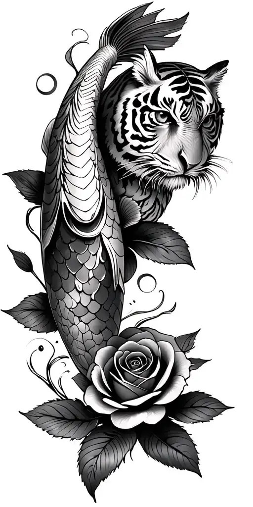 Koi With Rose Together With Tiger And Owl