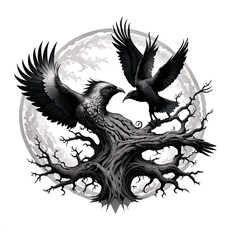Yggdrasil And Huginn And Muninn Soaring