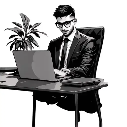 Without Shadows A Man In Black Glasses And A Business Suit Sits At A Laptop