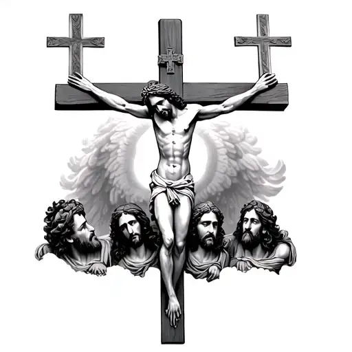 Jesus Christ Crucified And Heads Looking Over Croses In Cloadsunder The Heaven Gates